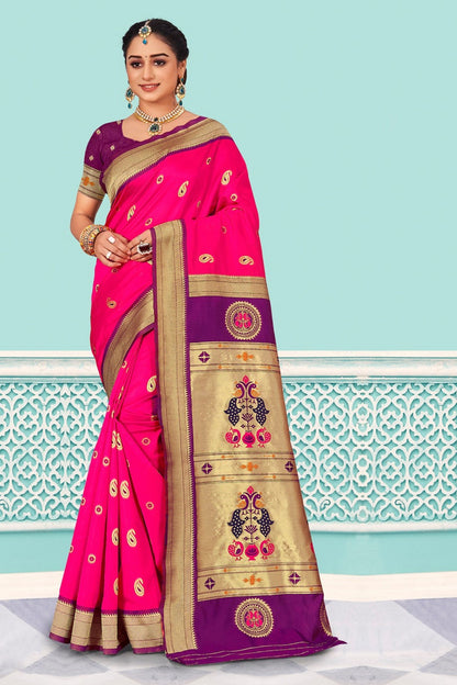 Dark Peach Paithani Patola Silk Sarees with Blouse for Wedding | Indian Festival Sari - Woven