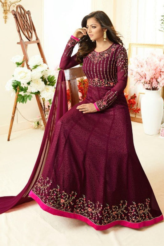 Dark Pink Pakistani Georgette Anarkali Gown For Wedding & Festival - Embroidery Work