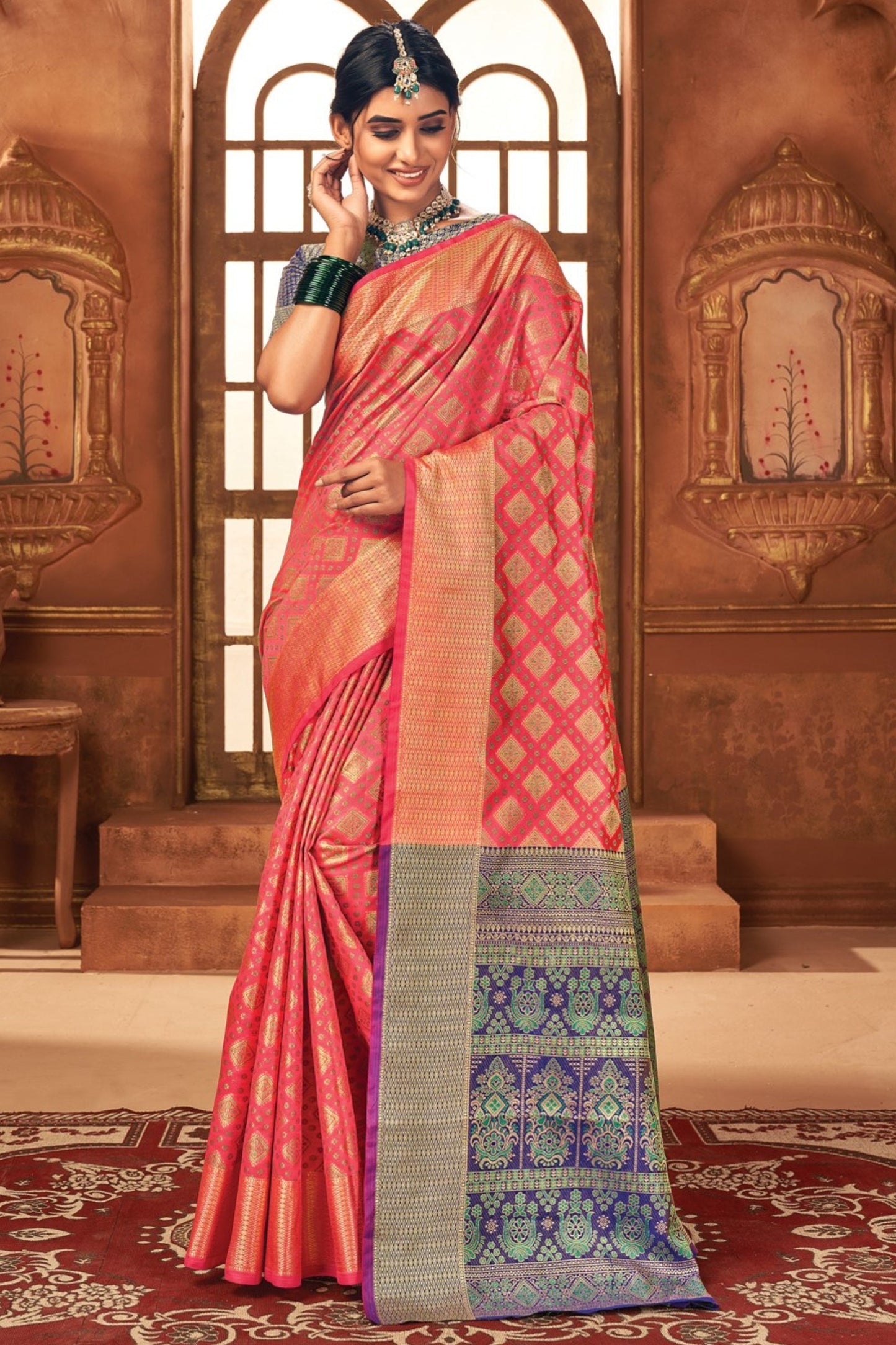 Dark Pink Patola Silk Sarees with Blouse for Weddings | Indian Sari for Festival - Woven