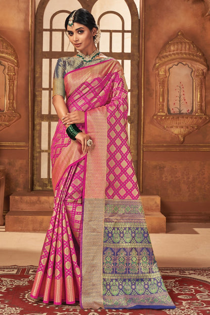 Dark Pink Patola Silk Sarees with Blouse for Weddings | Indian Sari for Festival - Woven