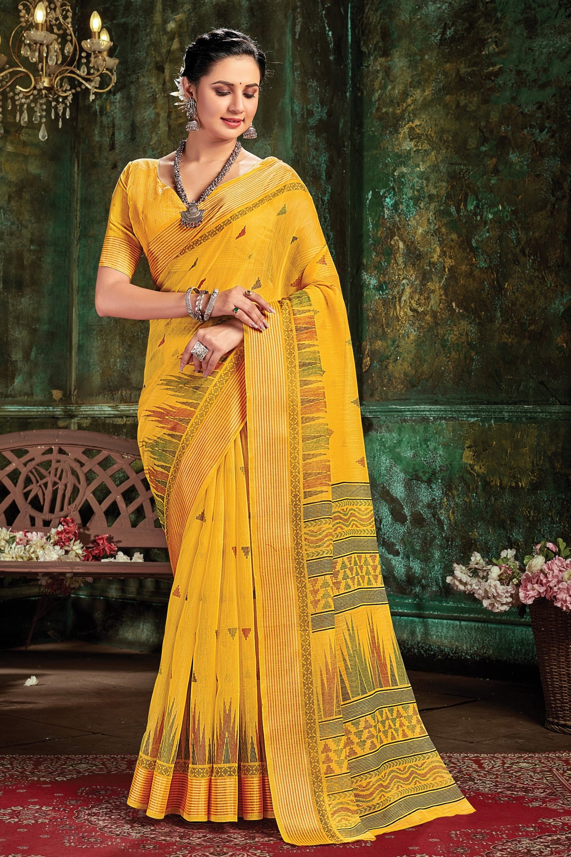 Gold Cotton Sarees with Blouse for Weddings | Indian Sari for Festival - Woven