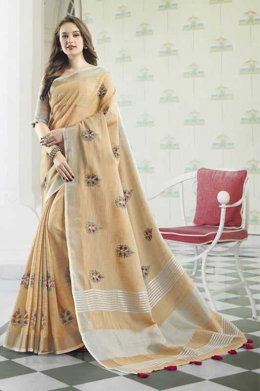 Golden Linen Cotton Sarees with Blouse for Weddings | Indian Sari for Festival - Woven