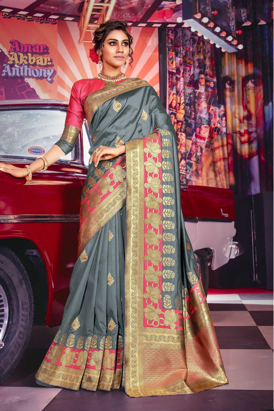 Gray Jacquard Silk Sarees with Blouse for Weddings | Indian Sari for Festival - Woven