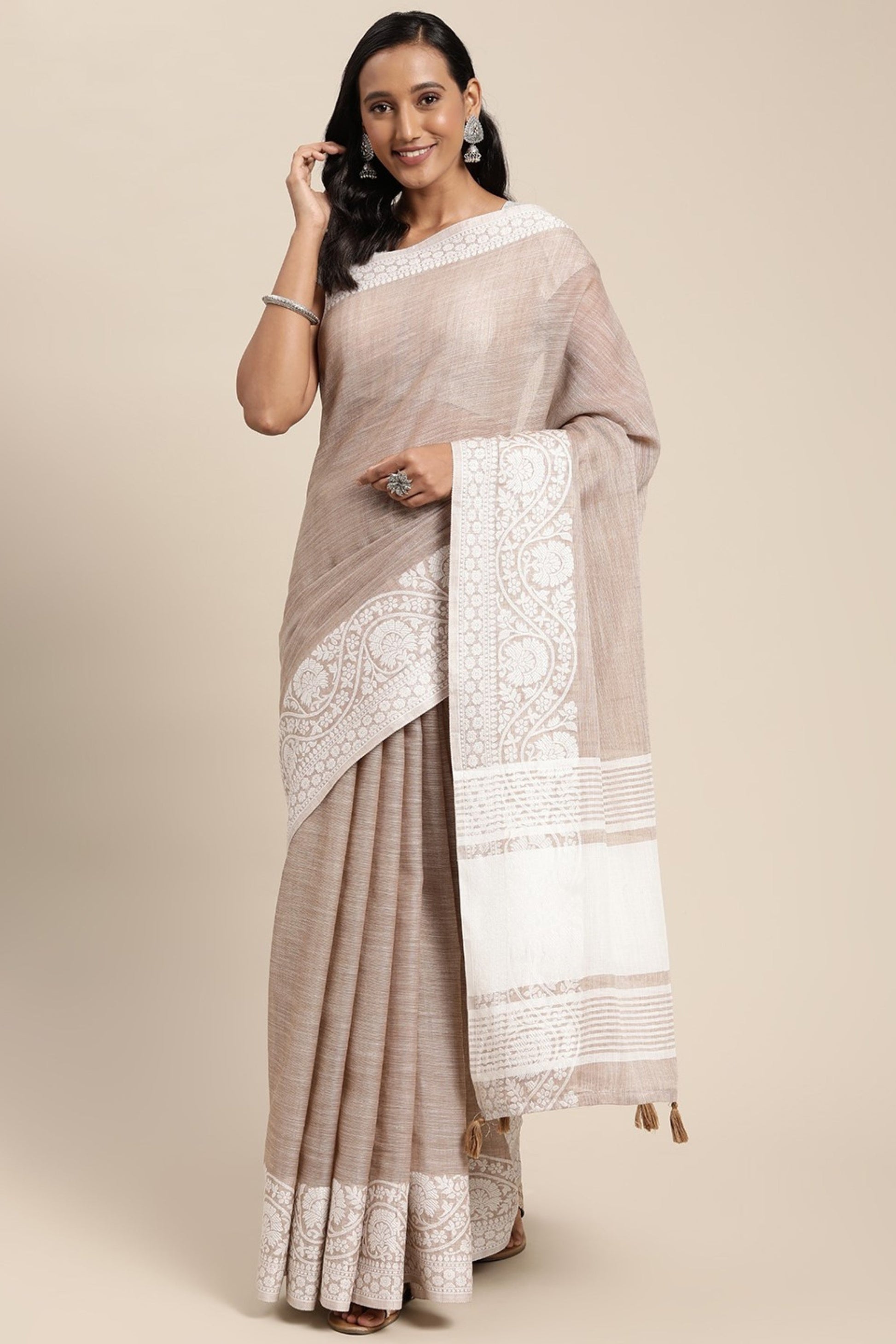 Gray Linen Sarees with Blouse for Weddings | Indian Sari for Festival - Woven