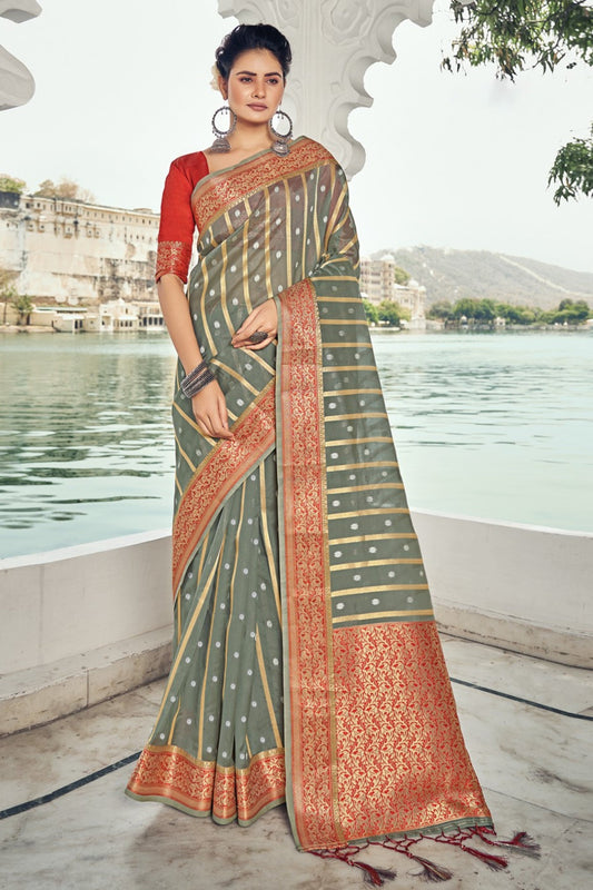 Gray Organza Sarees with Blouse for Weddings | Indian Sari for Festival - Woven