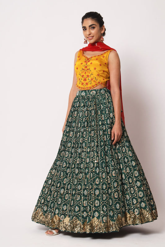 Green Art Silk Printed Lehenga Choli For Indian Festivals & Weddings - Print Work, Sequence Embroidery Work, Thread Embroidery Work,