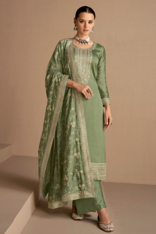 Green Pakistani Silk Salwar Kameez For Indian Festivals & Weddings - Thread Embroidery Work,