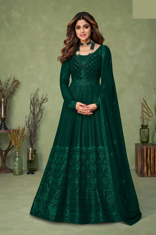 Green Party Wear Long Gown for Girls Georgette  Designer Wedding Gowns with Front Slit Cut