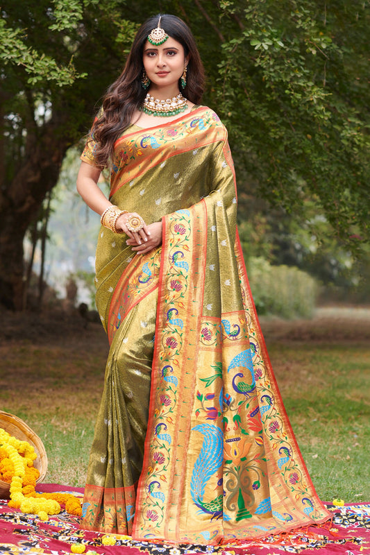 Green Indian Paithani Silk Saree For Indian Festivals & Weddings - Woven Work