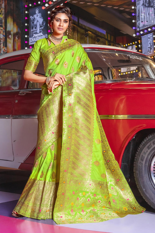 Green Jacquard Silk Sarees with Blouse for Weddings | Indian Sari for Festival - Woven