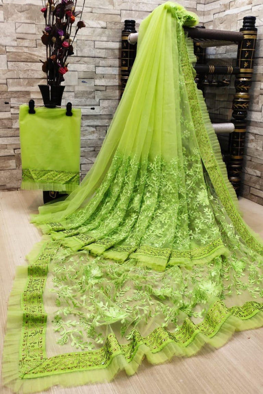 Green Net Ruffle Saree with Blouse for Wedding | Indian Festival Sari - Embroidery Work
