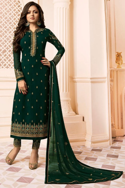 Green Georgette Pakistani Suits with Pants For Festival - Embroidery Work