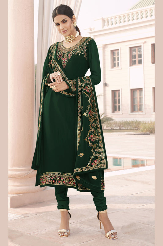 Green Georgette Pakistani Suits with Pants For Wedding & Festival - Embroidery Work