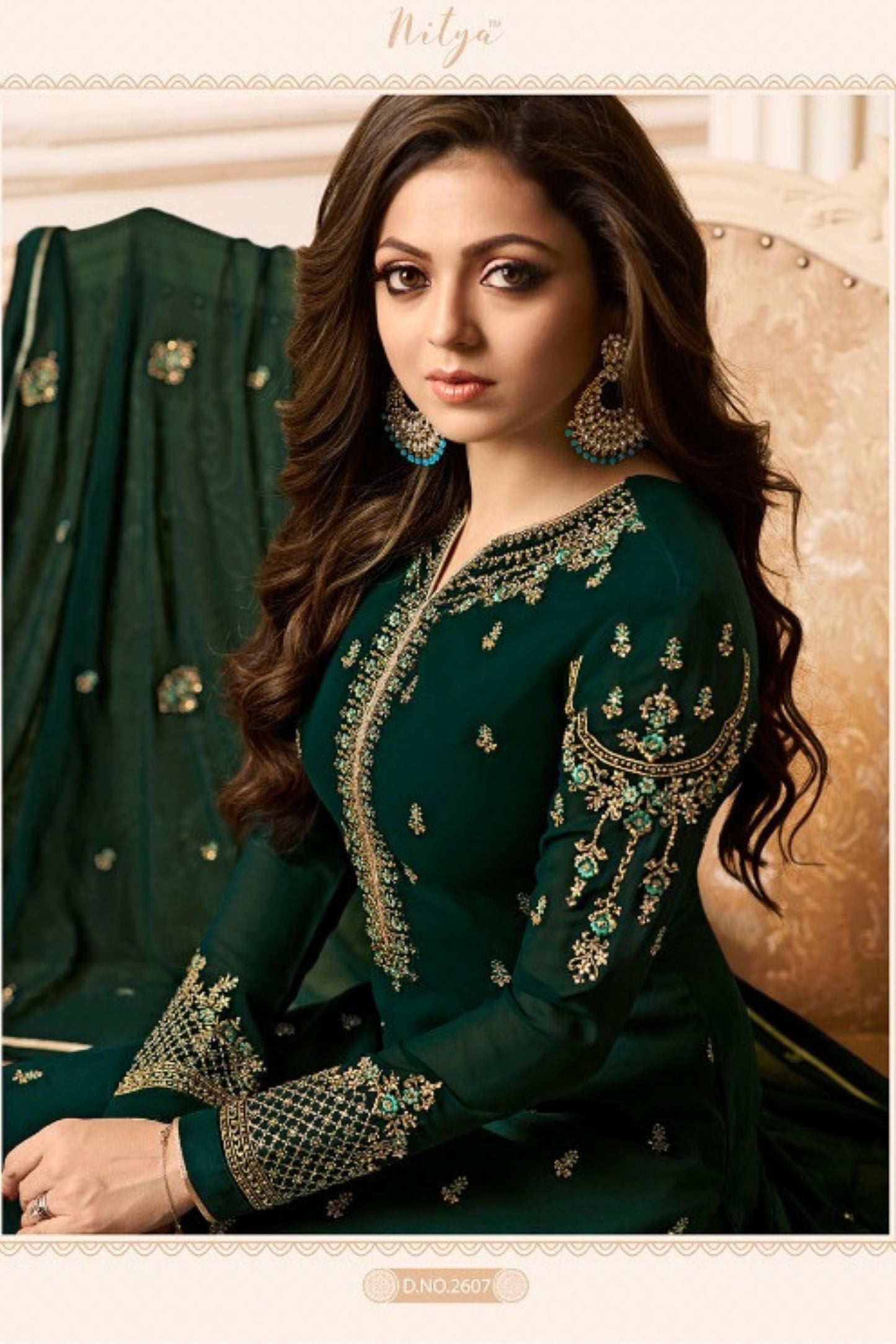 Woman in Green Georgette Pakistani Suits with Pants For Festival - Embroidery Work