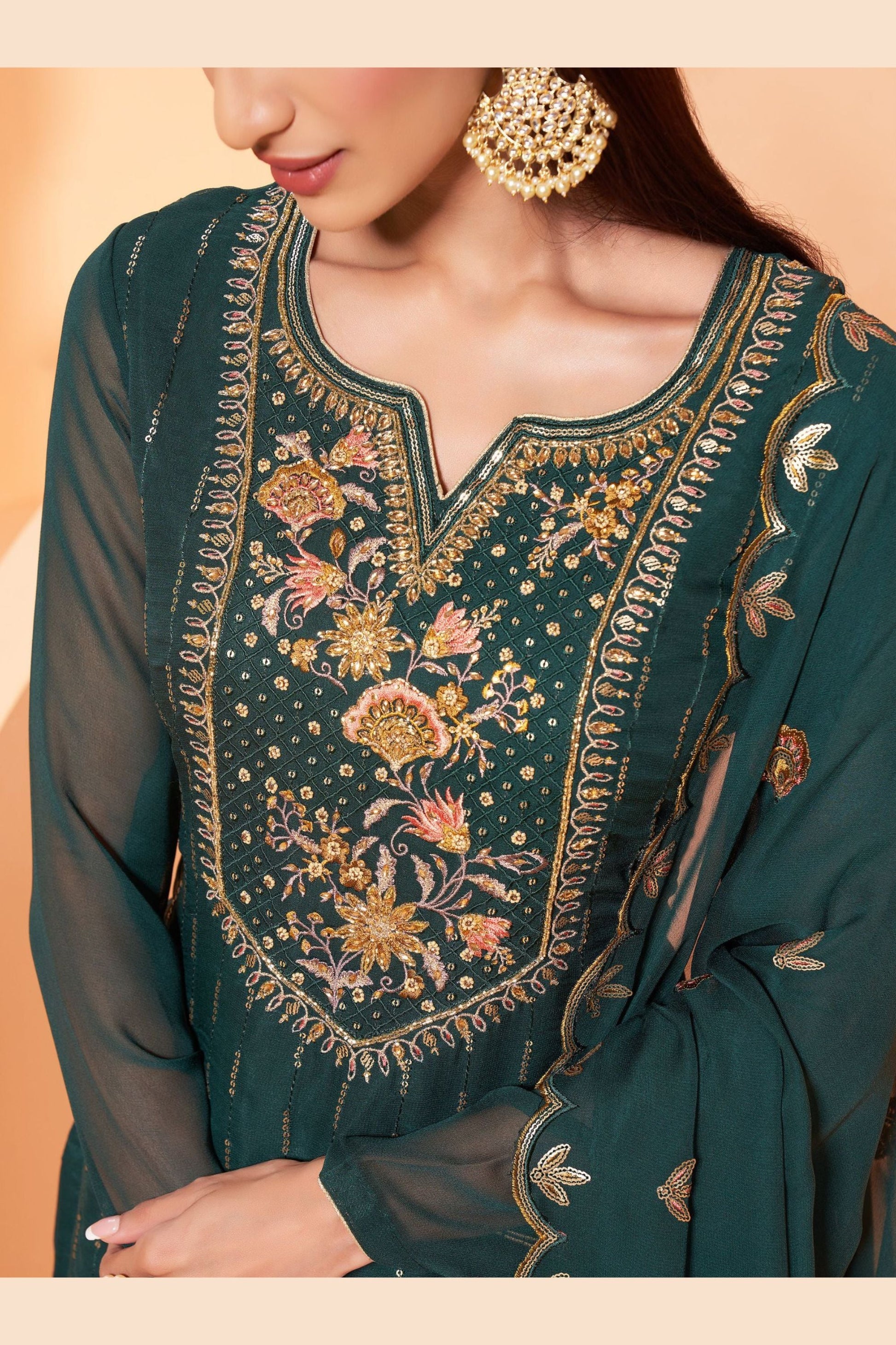 Green Pakistani Georgette Sharara For Indian Festivals & Weddings - Thread Embroidery Work, Zari Work, Khatli Work, Sequence Embroidery Work