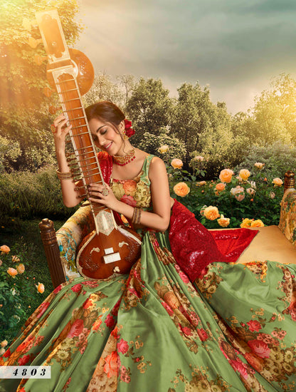 Women playing sitar in Green Organza Floral Lehenga Choli