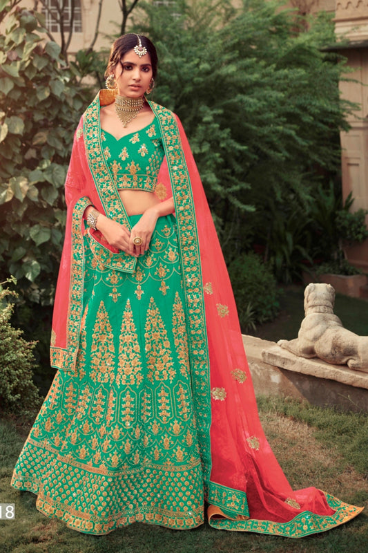Green Pakistani Satin Lehenga Choli For Indian Festival & Weddings - Thread Embroidery Work, Glitter Embroidery, Stone Work, Zari Work, Glitter Work