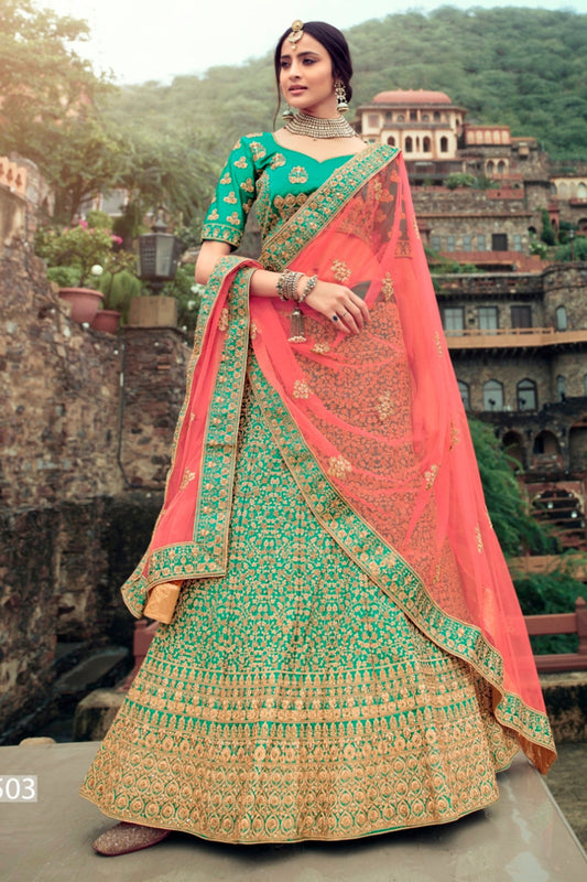 Green Pakistani Satin Lehenga Choli For Indian Festival & Weddings - Thread Embroidery Work, Glitter Embroidery, Stone Work, Zari Work, Glitter Work