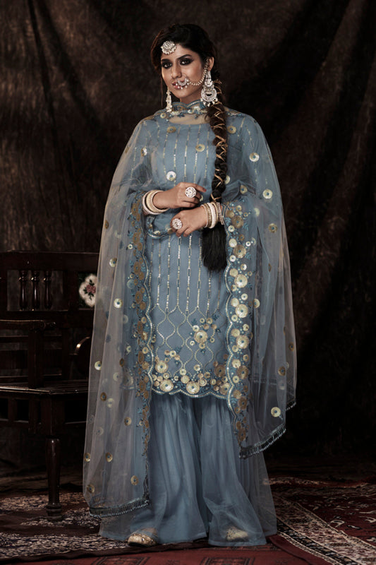 Grey Pakistani Net Sharara For Festivals & Indian Weddings - Sequence Embroidery Work,