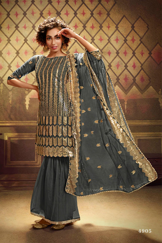 Grey Pakistani Net Sharara For Festivals & Indian Weddings - Sequence Embroidery Work,