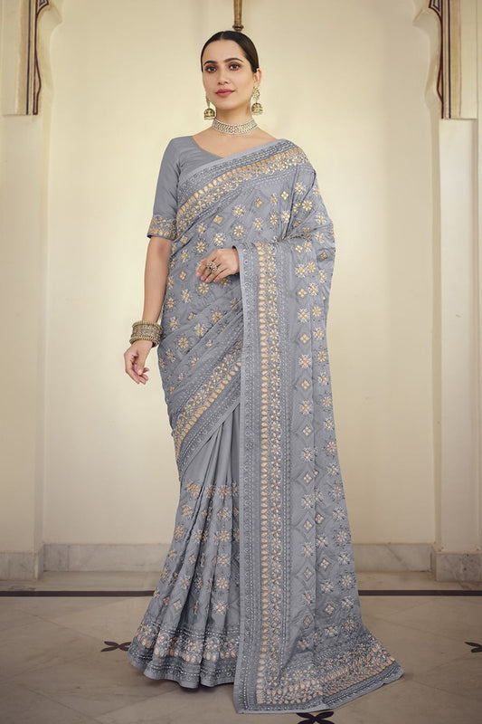 Grey Satin Georgette Sarees with Blouse for Wedding | Indian Festival Sari - Resham Embroidery Work