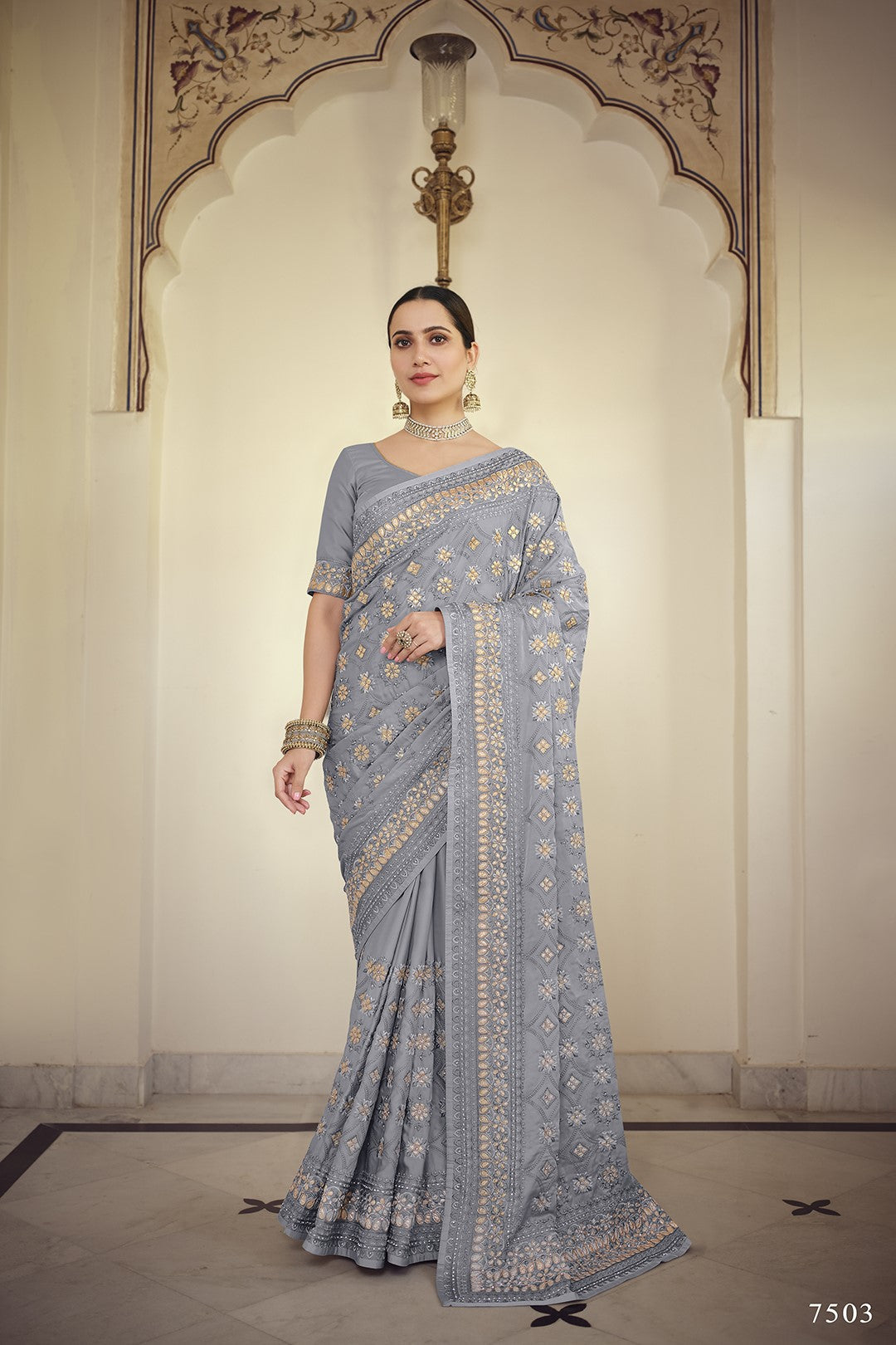 Grey Satin Georgette Sarees with Blouse for Wedding | Indian Festival Sari - Resham Embroidery Work