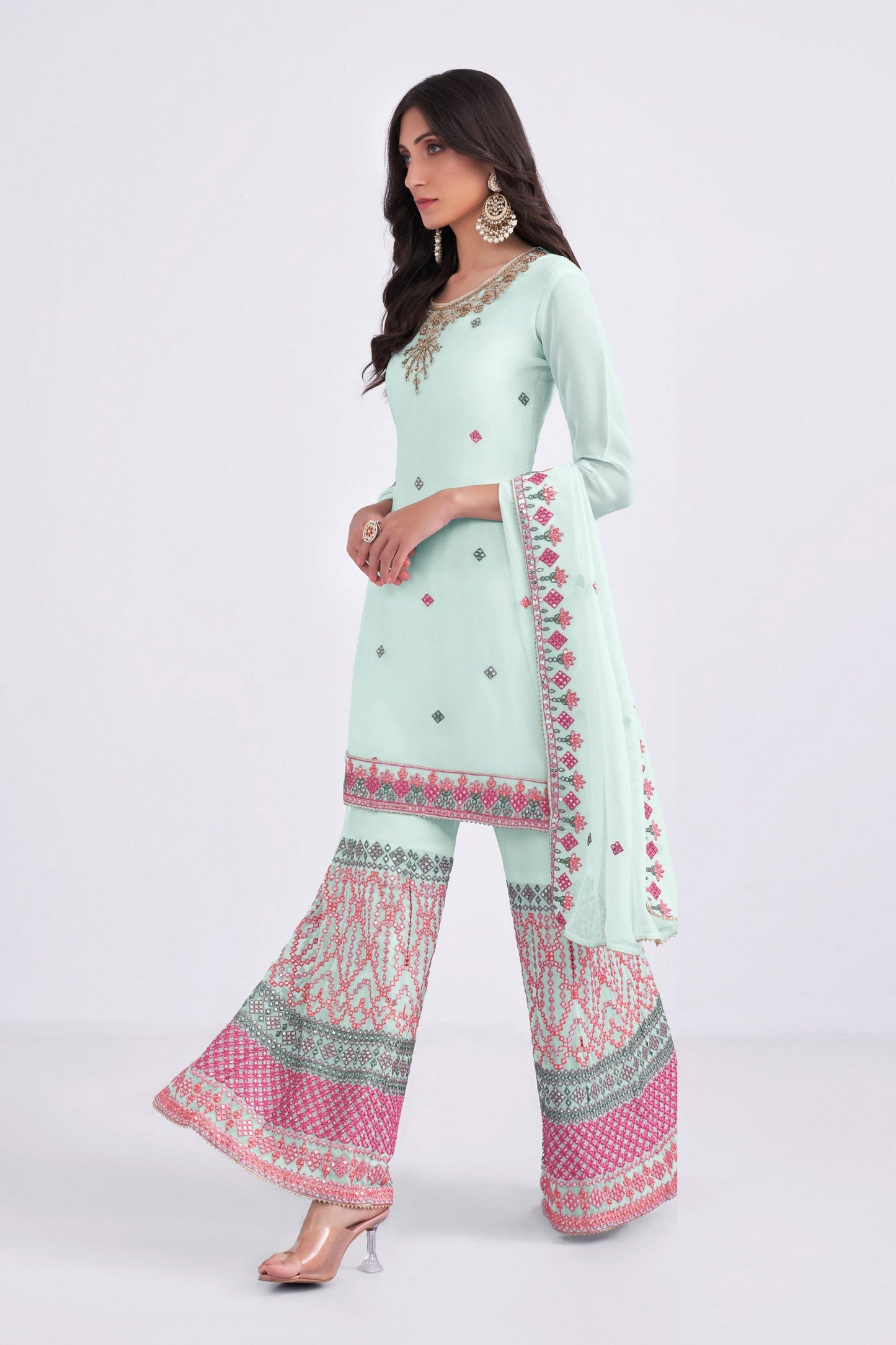 Light Blue Pakistani Georgette Sharara For Indian Festivals & Weddings - Sequence Embroidery Work, Thread Embroidery Work, Khatli Work, Zari Work
