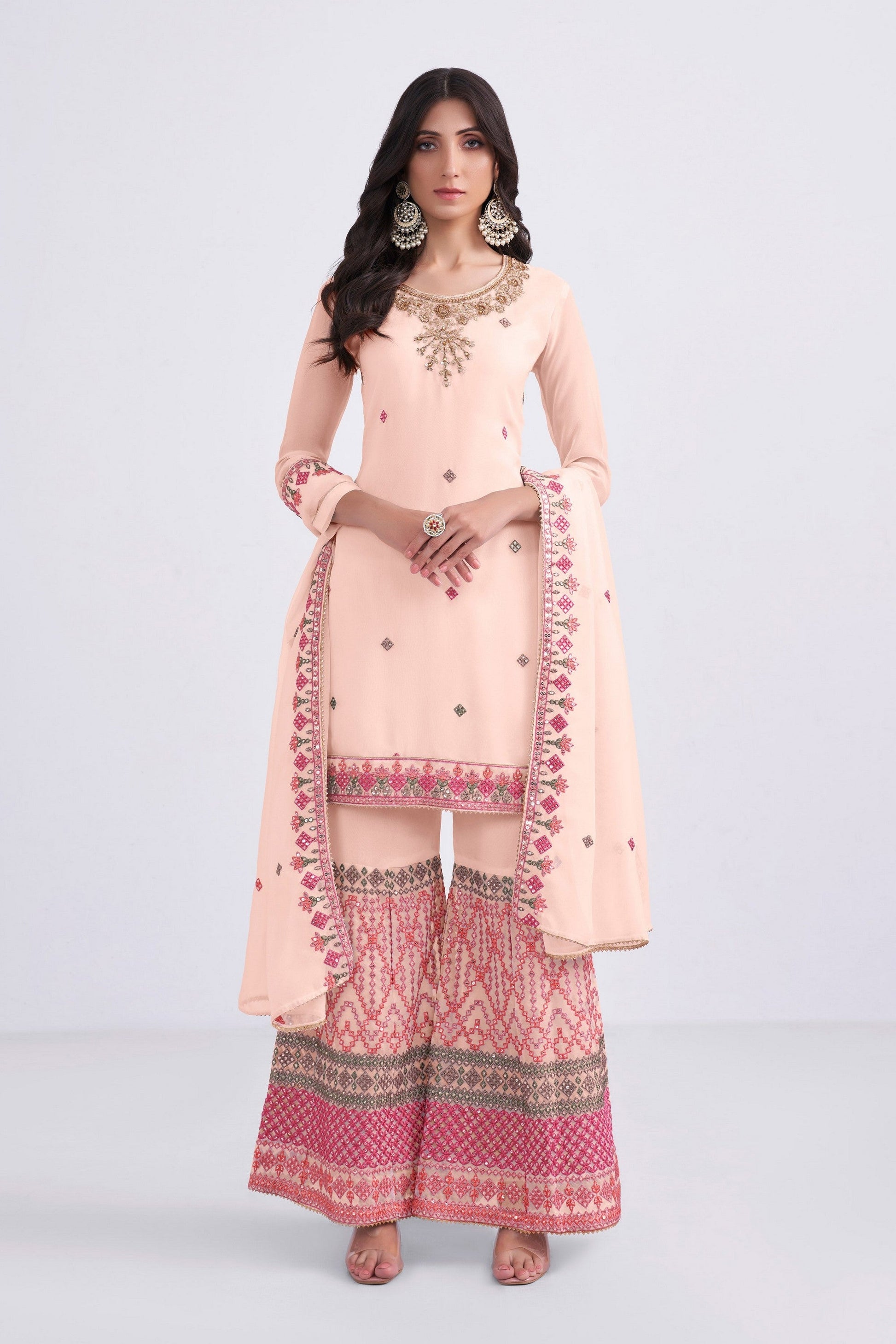 Peach Pakistani Georgette Sharara For Indian Festivals & Weddings - Sequence Embroidery Work, Thread Embroidery Work, Khatli Work, Zari Work