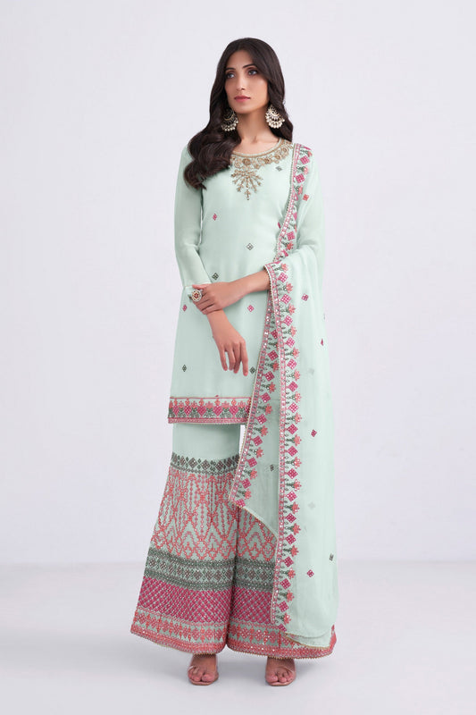 Light Blue Pakistani Georgette Sharara For Indian Festivals & Weddings - Sequence Embroidery Work, Thread Embroidery Work, Khatli Work, Zari Work