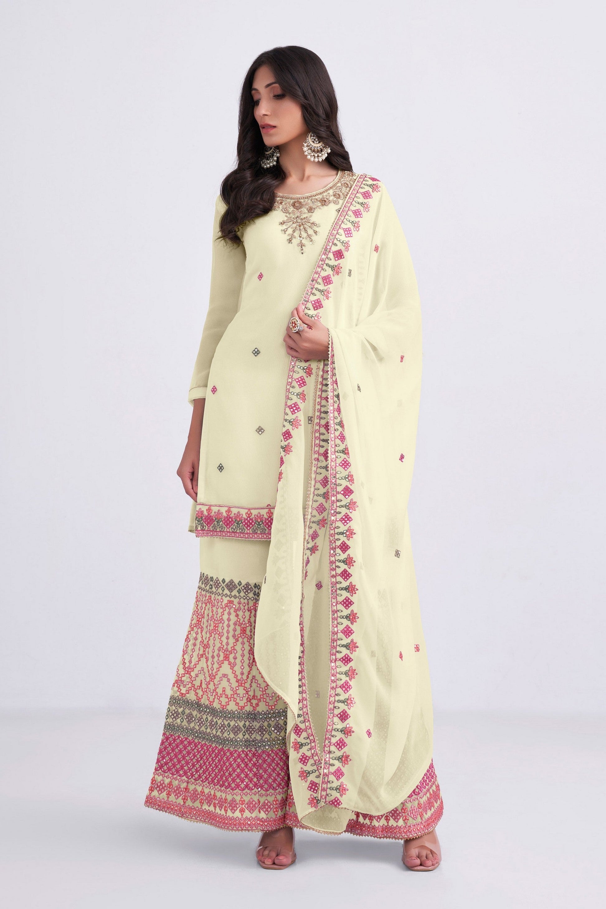 Light Yellow Pakistani Georgette Sharara For Indian Festivals & Weddings - Sequence Embroidery Work, Thread Embroidery Work, Khatli Work, Zari Work