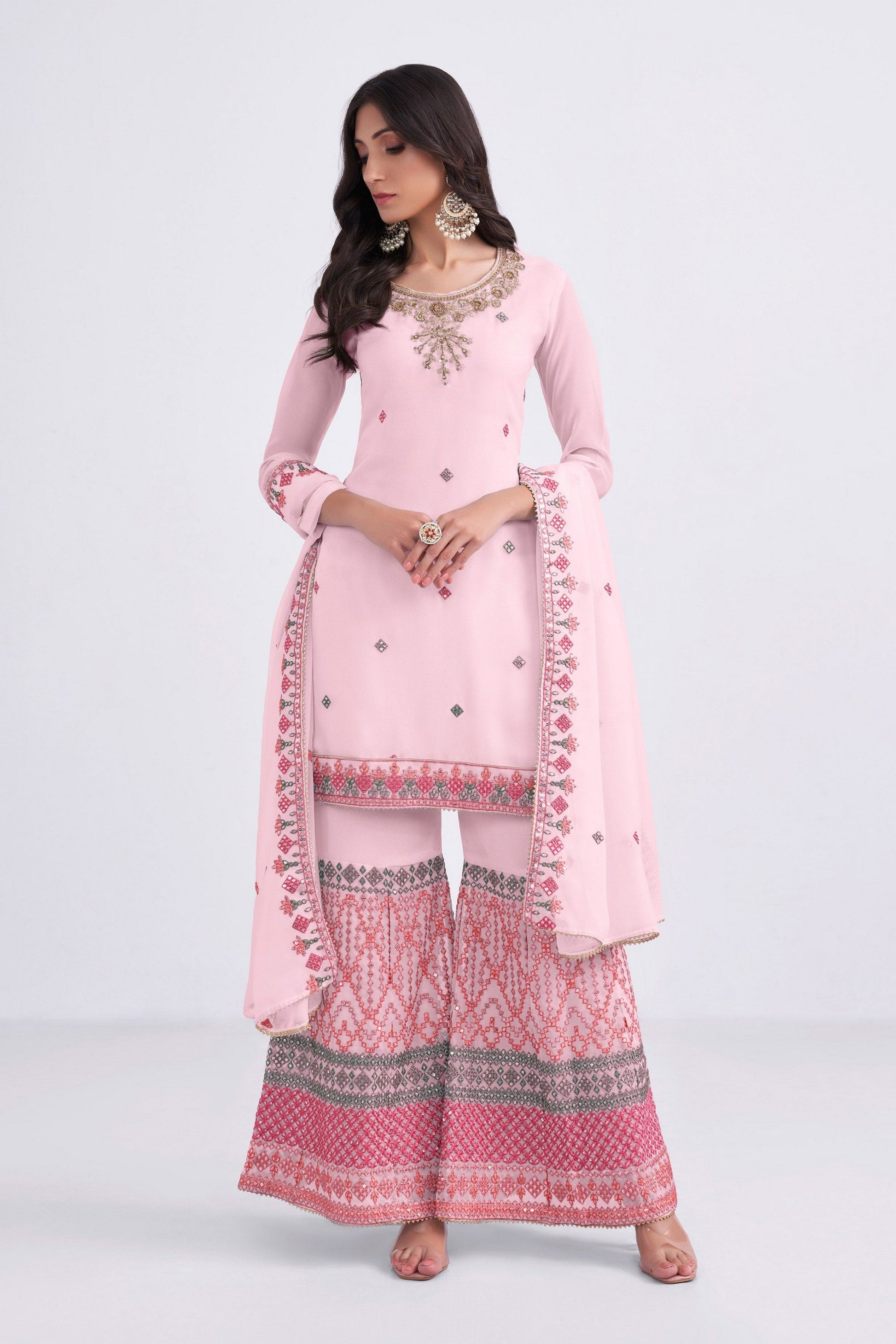 Light Pink Pakistani Georgette Sharara For Indian Festivals & Weddings - Sequence Embroidery Work, Thread Embroidery Work, Khatli Work, Zari Work