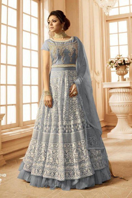 Light Blue Pakistani Net Anarkali Gown For Wedding & Festival - Embroidery Work