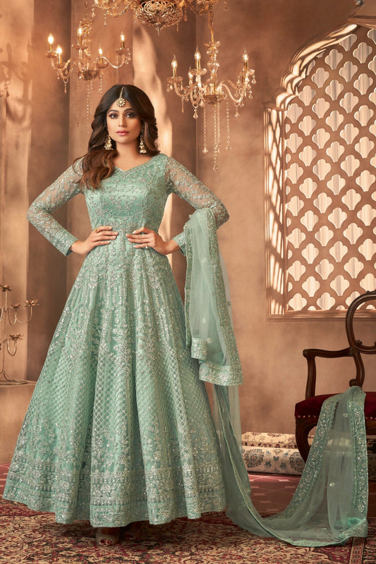 Light Green Pakistani Net Anarkali Gown For Wedding & Festival - Embroidery Work