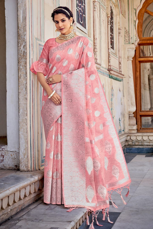 Light Pink Linen Sarees with Blouse for Weddings | Indian Sari for Festival - Woven