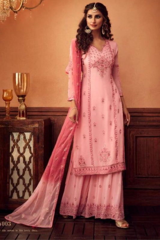 Light Pink Pakistani Georgette Plazo For Wedding & Festival - Embroidery Work