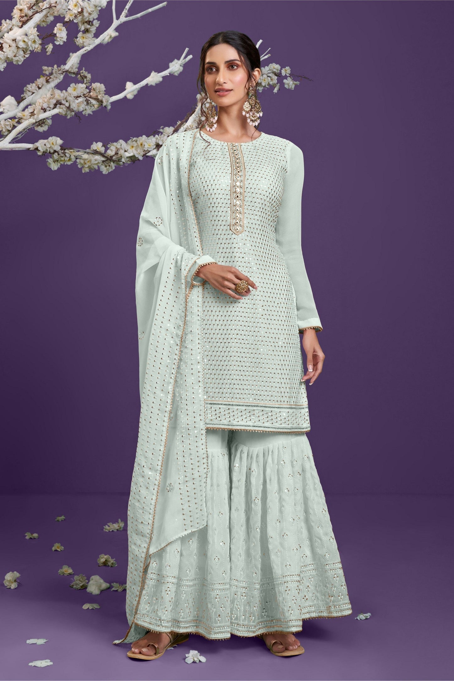 Light Pista Pakistani Georgette Sharara For Indian Festivals & Weddings - Sequence Embroidery Work, Thread Embroidery Work, Khatli Work,