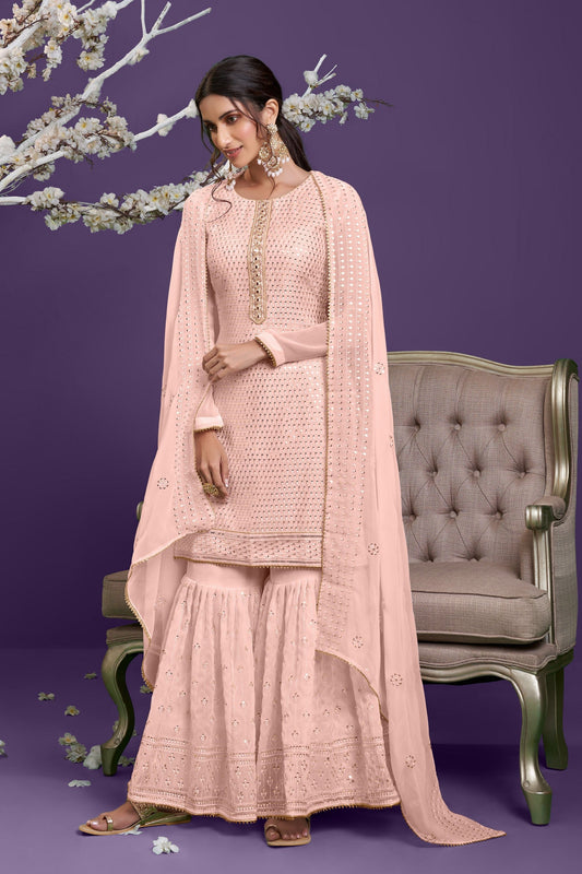Light Pink Sharara Suits Pakistani Georgette for Indian Festivals & Weddings - Sequence Embroidery Work, Thread Embroidery Work, Khatli Work,