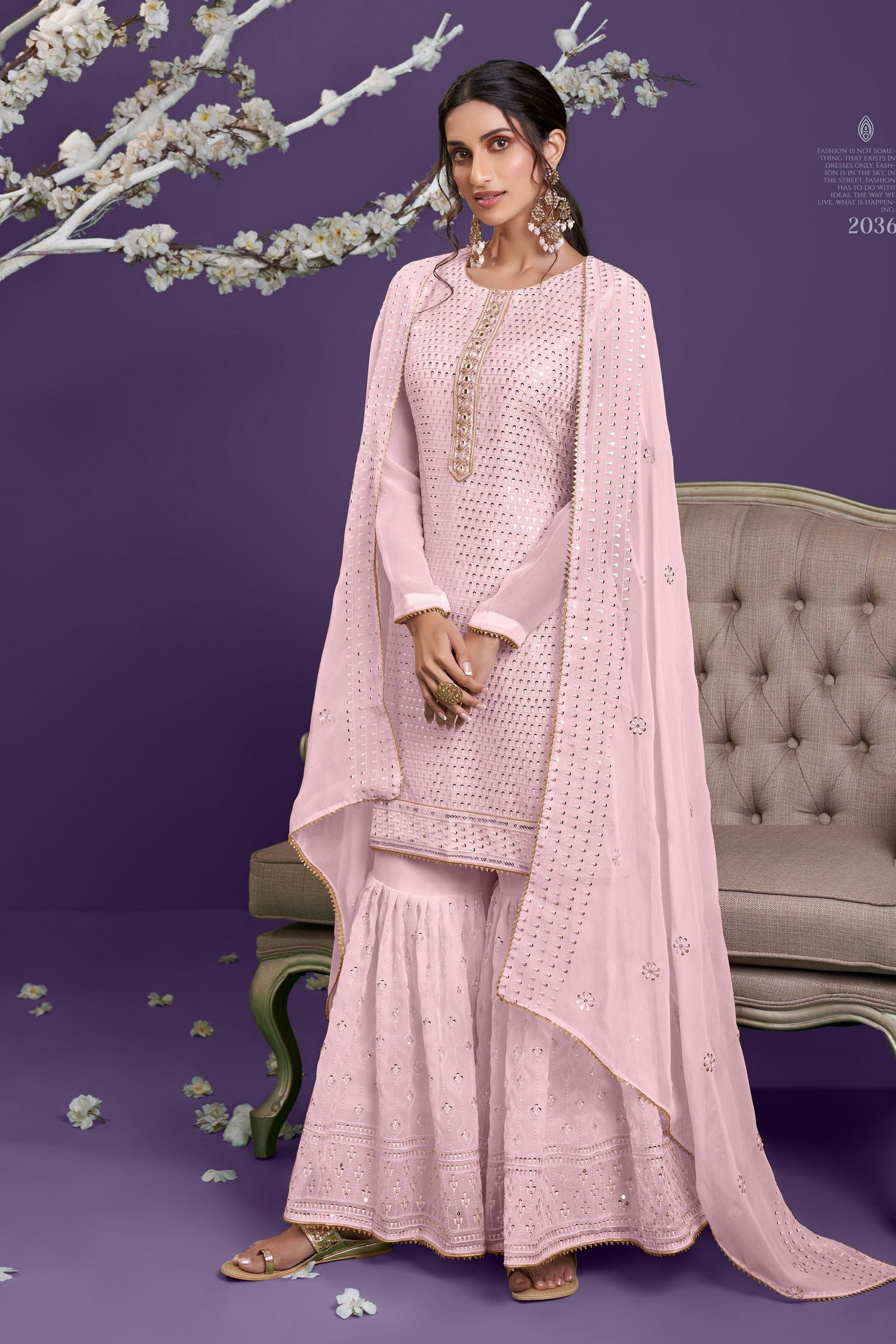 Pink Sharara Suits Pakistani Georgette For Indian Festivals & Weddings - Sequence Embroidery Work, Thread Embroidery Work, Khatli Work,