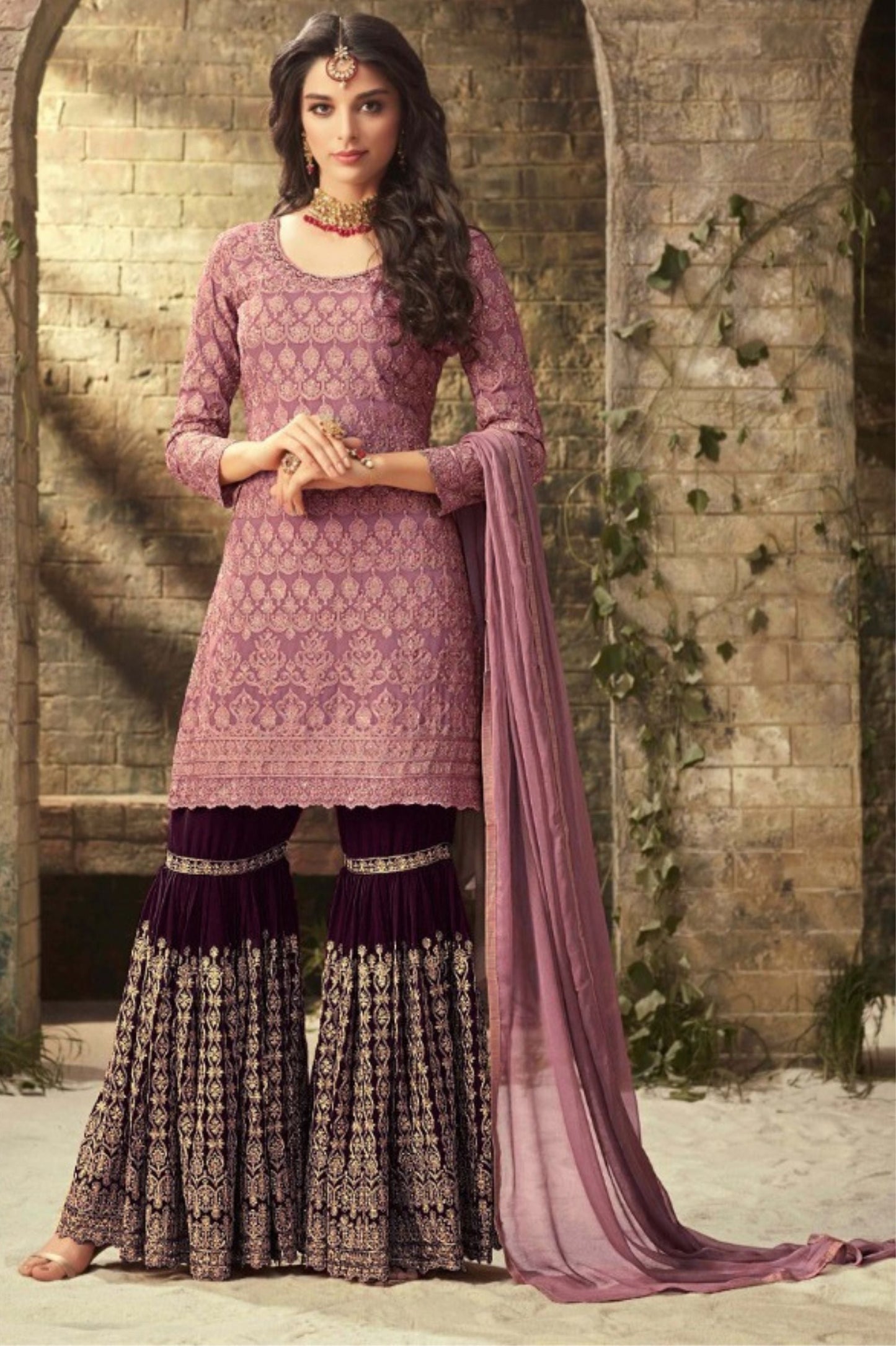 Light Pink Pakistani Georgette Sharara For Wedding & Festival - Embroidery Work