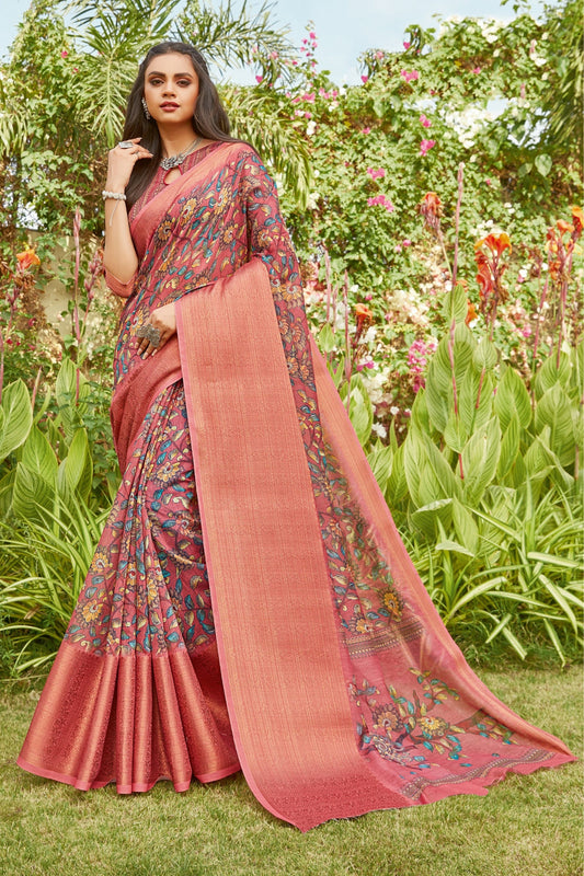 Light Red Linen Sarees with Blouse for Weddings | Indian Sari for Festival - Woven