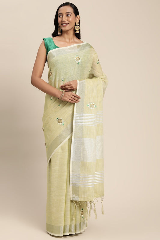 Light Yellow Linen Sarees with Blouse for Weddings | Indian Sari for Festival - Woven
