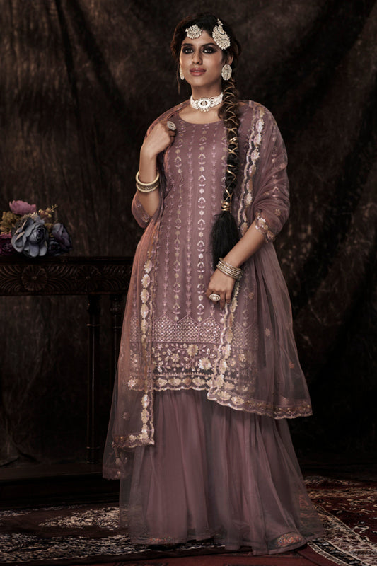 Lilac Pakistani Net Sharara For Festivals & Indian Weddings - Sequence Embroidery Work,