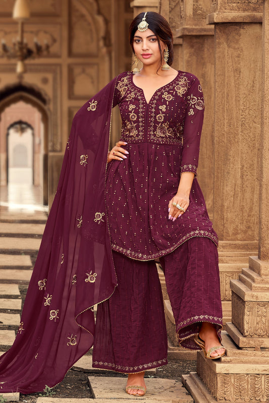 Maroon Pakistani Georgette Sharara For Indian Festivals & Weddings - Thread Embroidery Work,