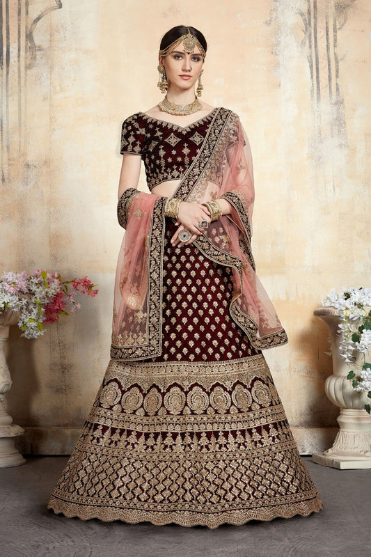 Maroon Pakistani Velvet Lehenga Choli For Indian Festivals & Weddings - Thread Embroidery Work, Stone Work, Dori Work