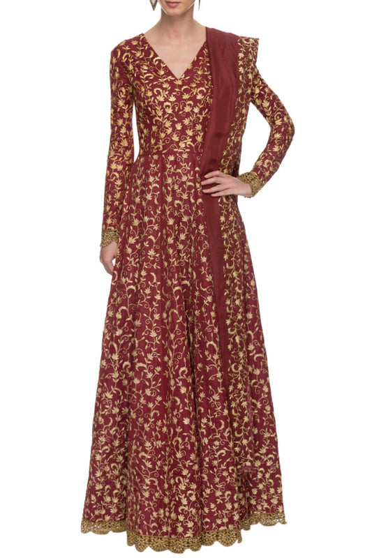 Maroon Indian Art Silk Gown For Indian Festival & Weddings - Sequence Embroidery Work, Dori Work