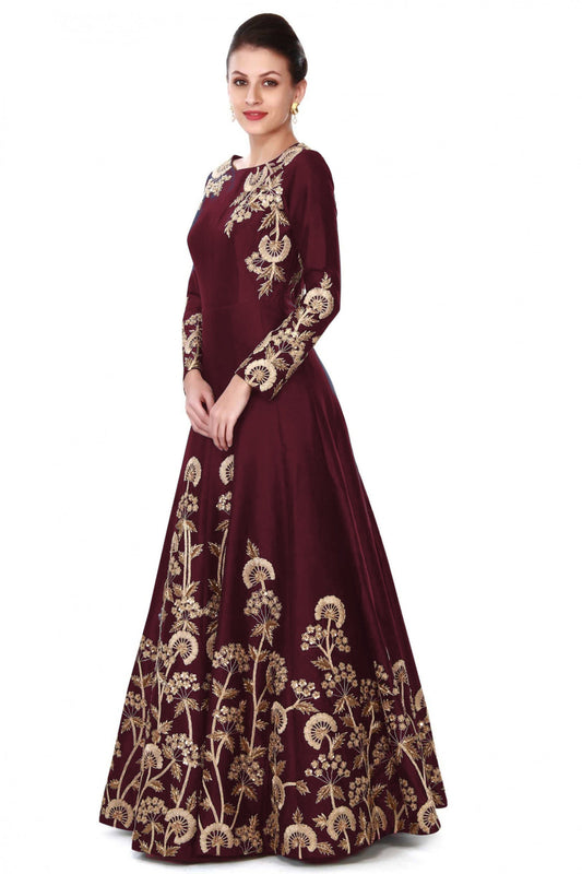 Maroon Indian Tafetta Gown For Indian Festival & Weddings - Sequence Embroidery Work, Zari Work, Dori Work