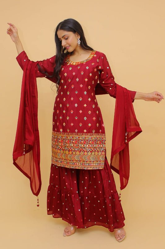 Maroon Pakistani Georgette Plazo Suit For Indian Festival & Weddings - Sequence Embroidery Work, Thread Embroidery Work, Foil Mirror Work,