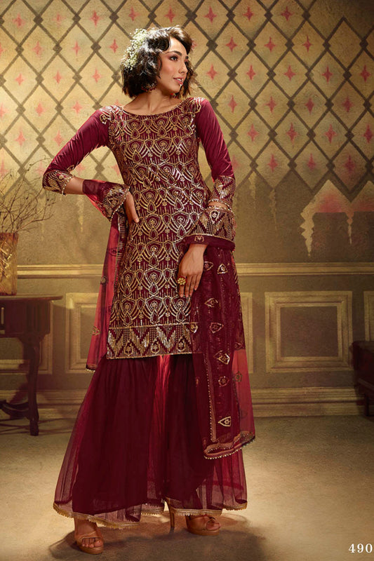 Maroon Pakistani Net Sharara For Festivals & Indian Weddings - Sequence Embroidery Work,