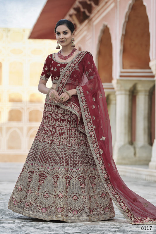 Maroon Pakistani Velvet Lehenga Choli For Indian Festivals & Weddings - Thread Embroidery Work,