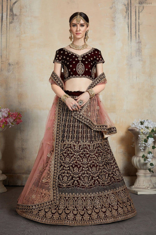 Maroon Pakistani Velvet Lehenga Choli For Indian Festivals & Weddings - Thread Embroidery Work, Stone Work, Dori Work